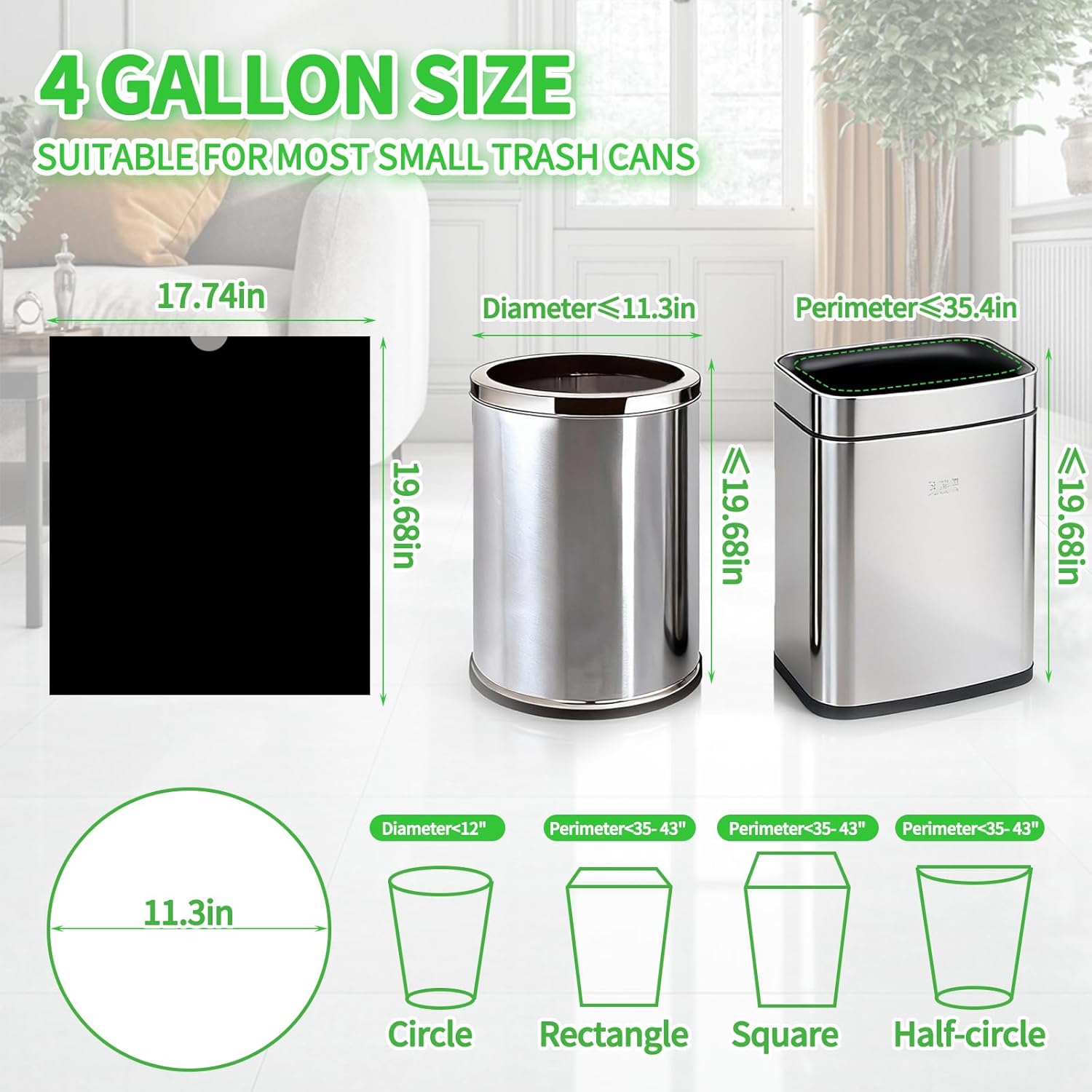 Skiennix 100 Count Small Drawstring Trash Bags - Thick 4-Gallon Liners for Bathroom & Office | Black