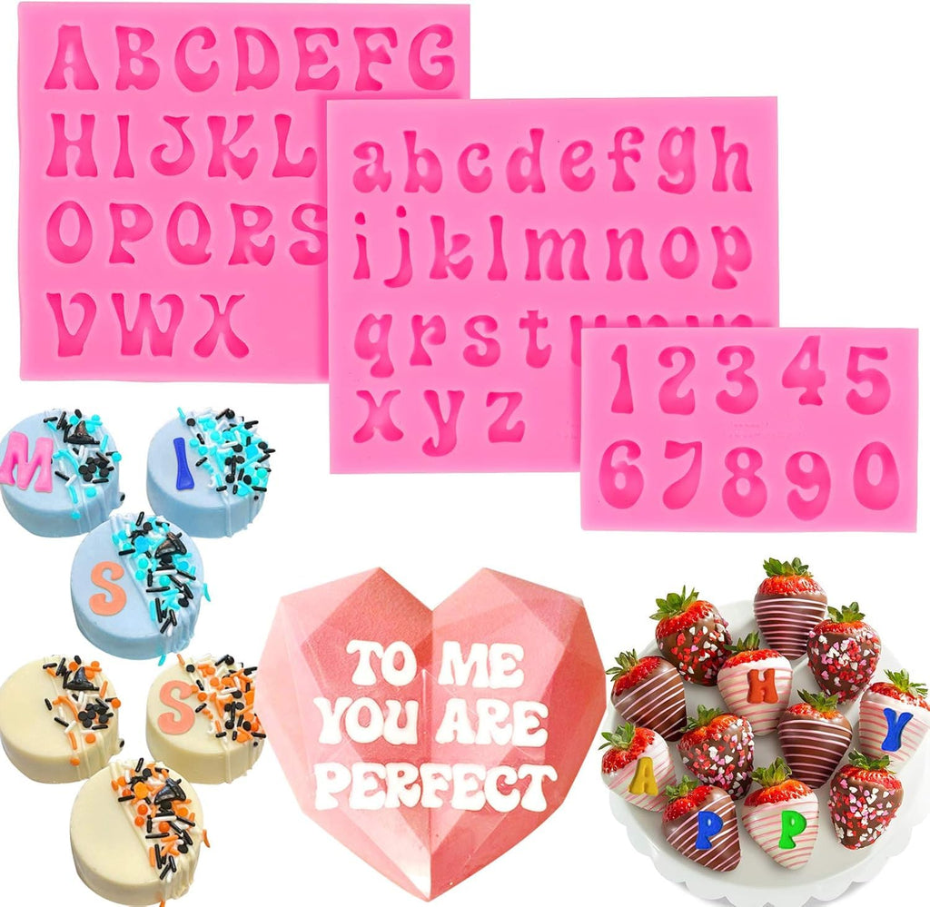 VITAPREP 3-Pack Silicone Letter Molds for Chocolate Covered Strawberries | A-Z Alphabet & 0-9 Numbers | Uppercase/Lowercase Fondant, Candy, Clay Molds | Food-Grade, Non-Stick (Cake Decorating Tools)