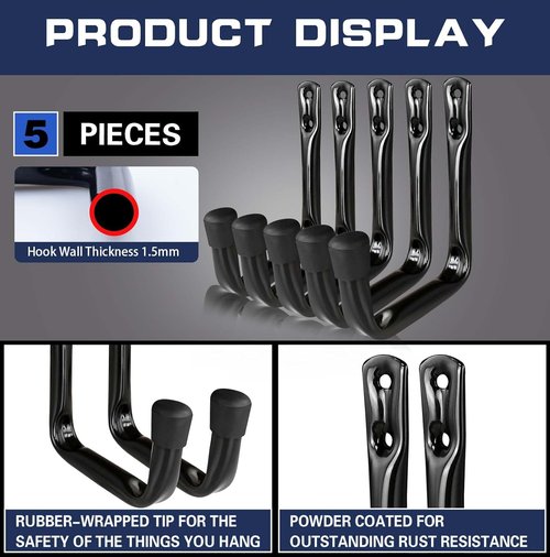 Dreecy J Heavy-Duty Utility Hooks - Perfect for Garage Storage | Black | 5-Pack