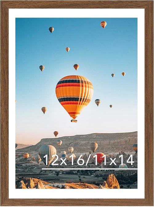 JCJMY 12x16 Picture Frame - Brown Wall Hanging Frame with 11x14 Mat & Plexiglass Protection