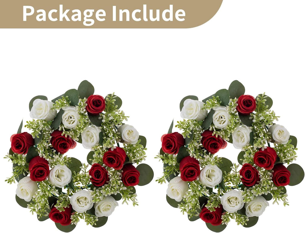 NUPTIO Candle Rings - 13.4 Inch Crimson & White Flower Rose Wreaths for Weddings & Christmas Decor | 2 Pcs