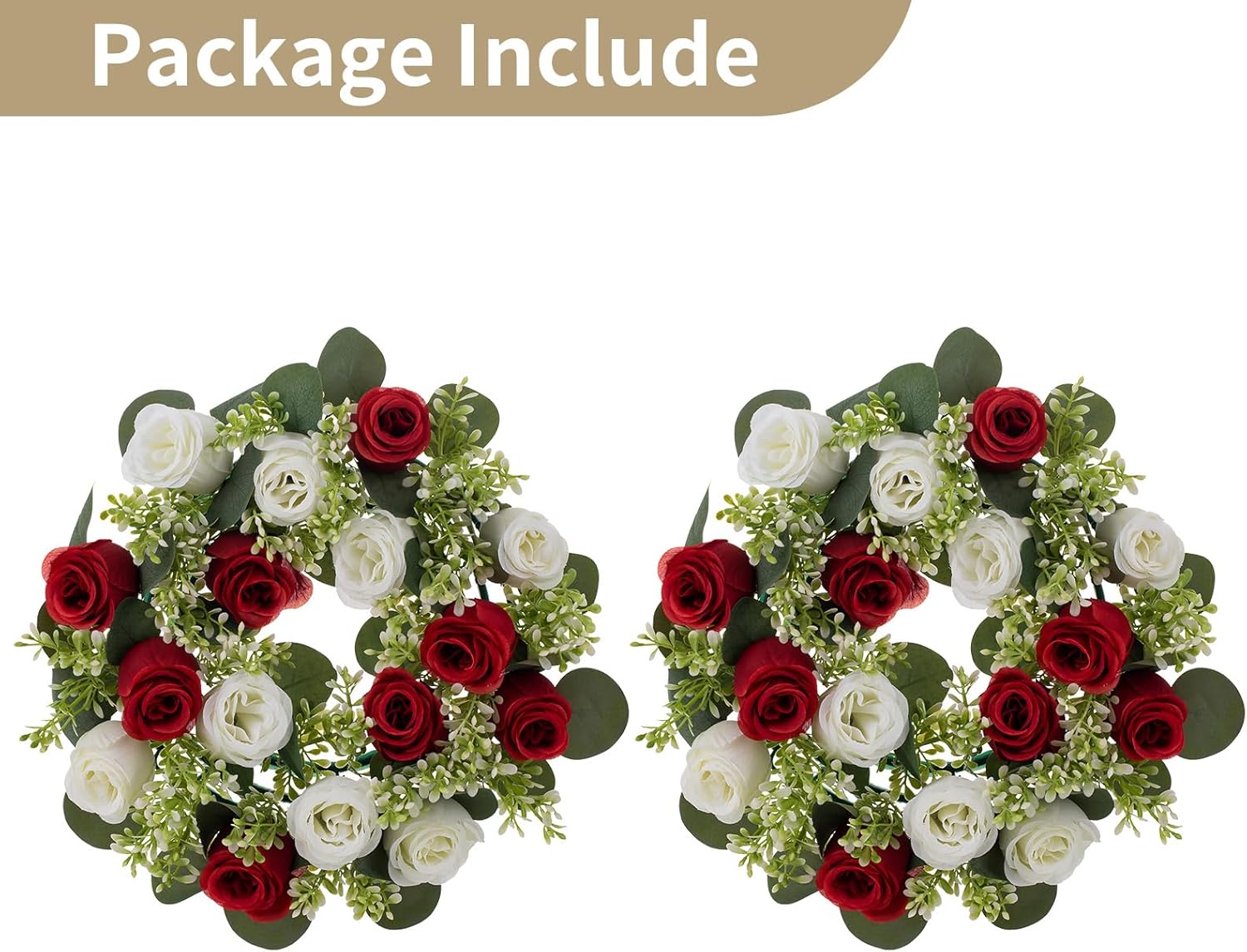 NUPTIO Candle Rings - 13.4 Inch Crimson & White Flower Rose Wreaths for Weddings & Christmas Decor | 2 Pcs
