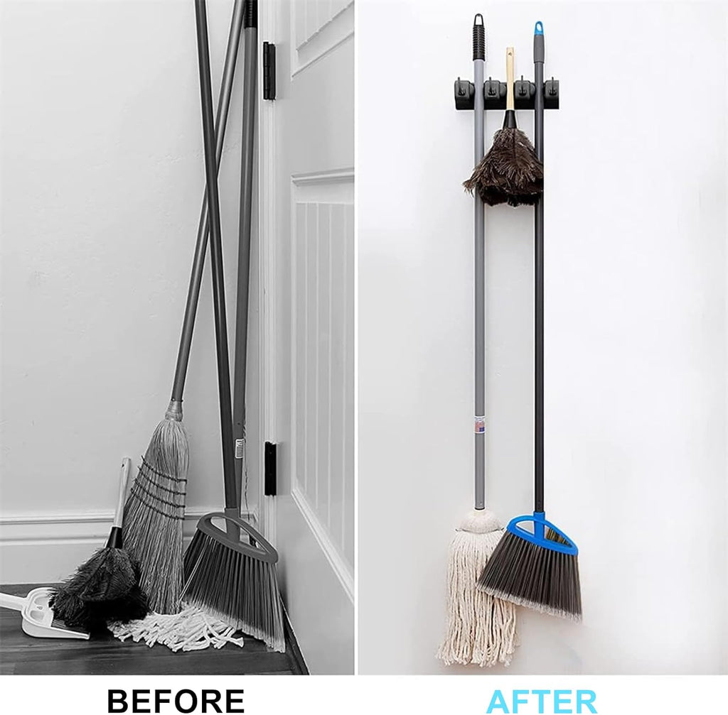 Wall-Mounted Broom and Mop Holder by [Brand Name] - 3 Slots & 4 Hooks Organizer for Home & Garage | Black