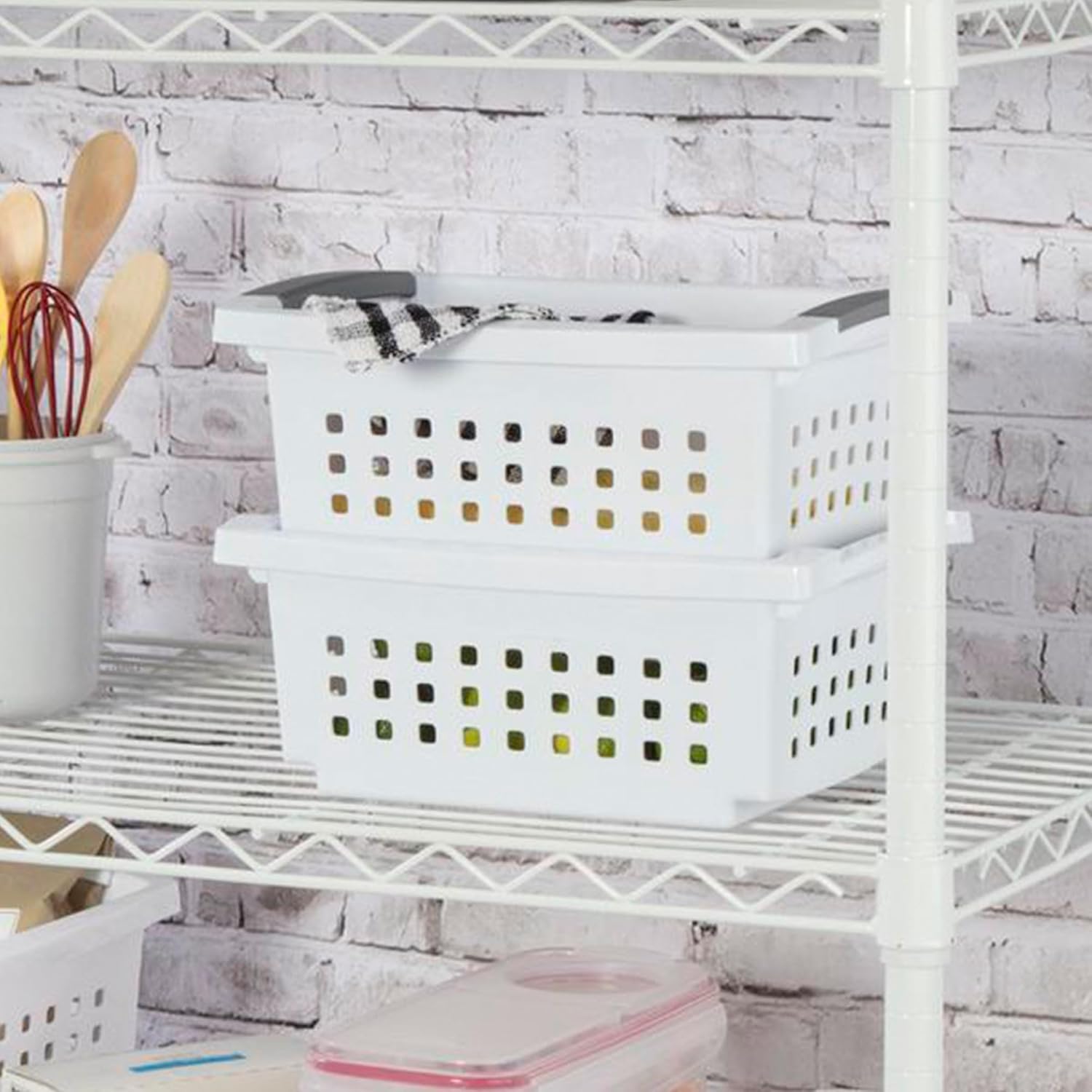 Sterilite Small Plastic Storage Baskets - Stacking Design with Comfort Grip Handles | 8 Pack, White