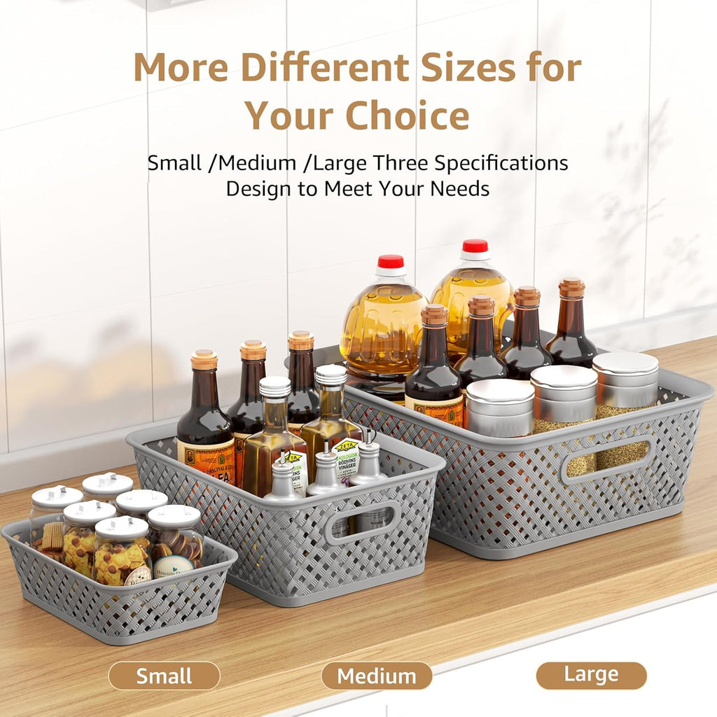 MaxGear Storage Bins - 3-Pack Plastic Organizer Baskets with Handles | Large Grey Woven Design for Home & Office