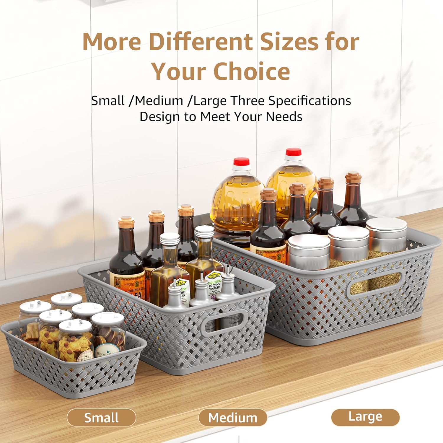 MaxGear Storage Bins - 3-Pack Plastic Organizer Baskets with Handles | Large Grey Woven Design for Home & Office