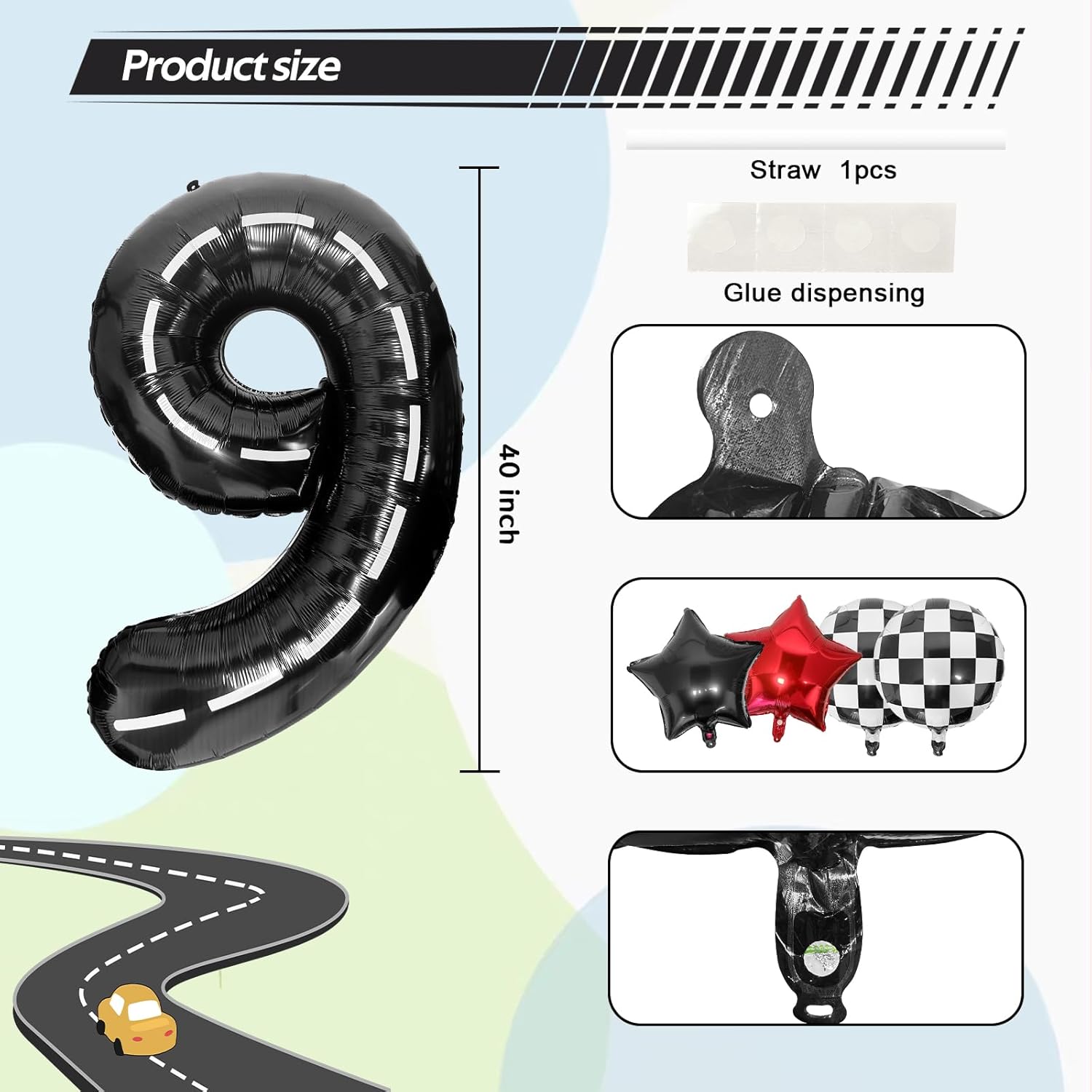 Race Car 9 Balloon - 40 Inch Checkered Star Balloon for Boys' 9th Birthday Party Supplies