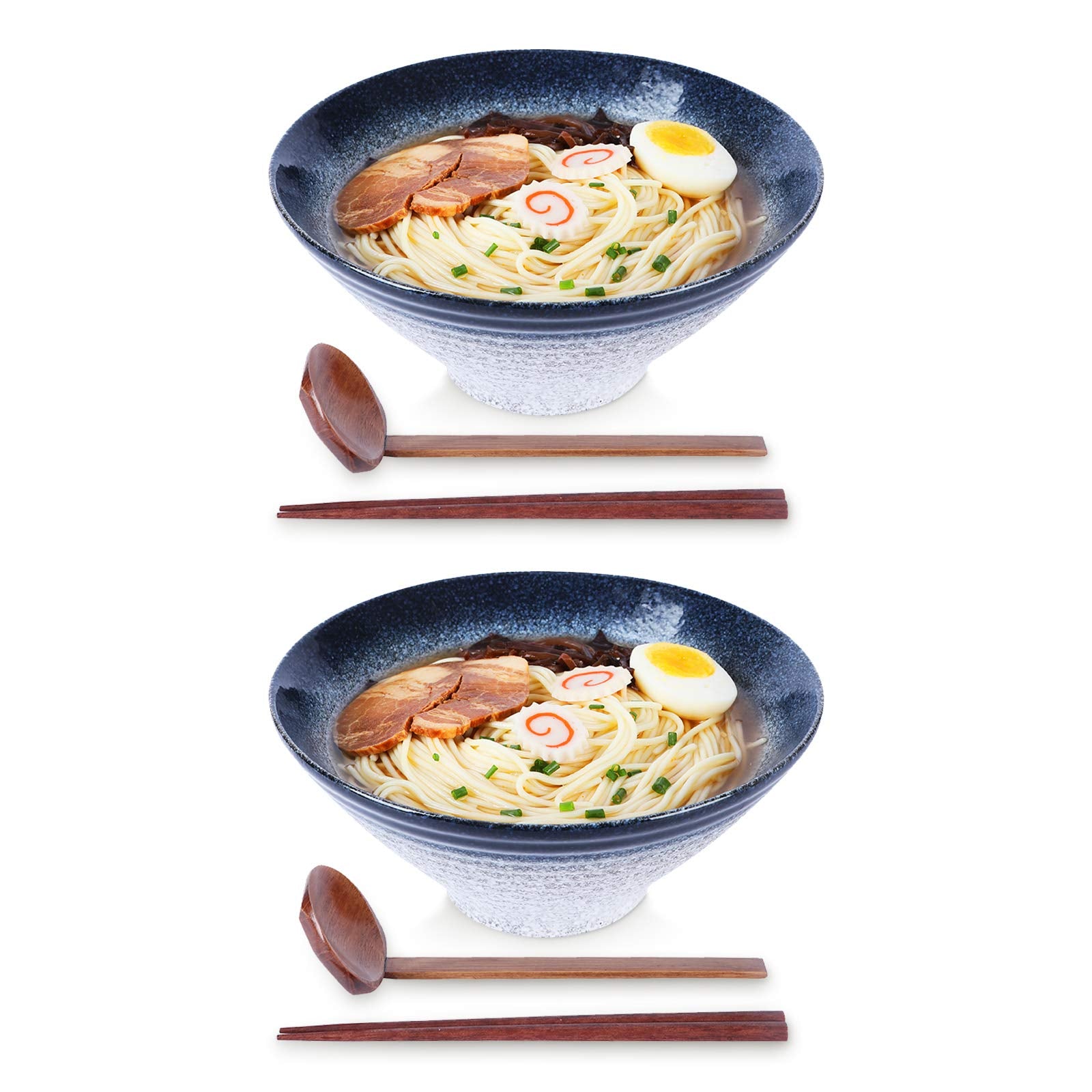 NJCHARMS Ceramic Ramen Bowl Set of 2, 60 oz Japanese Noodle Soup Bowls with Spoons and Chopsticks for Ramen Soup Pho Udon Asian Noodles, Large Noodle Bowls(Blue)