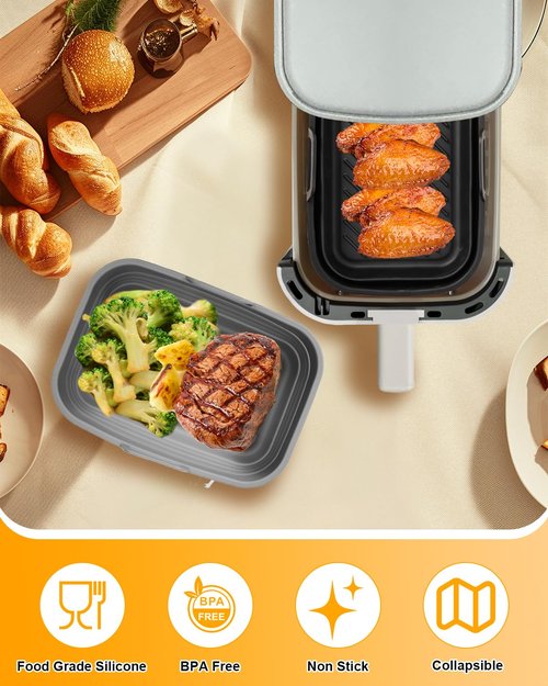 Air Fryer Silicone Liners Collapsible 2-Pack for bella 6Qt(5lb) Slim Air Fryer, Reusable Airfryer Silicone Pot Baking Basket Insert Accessories, Non Stick, Easy Cleaning, Gray+Black