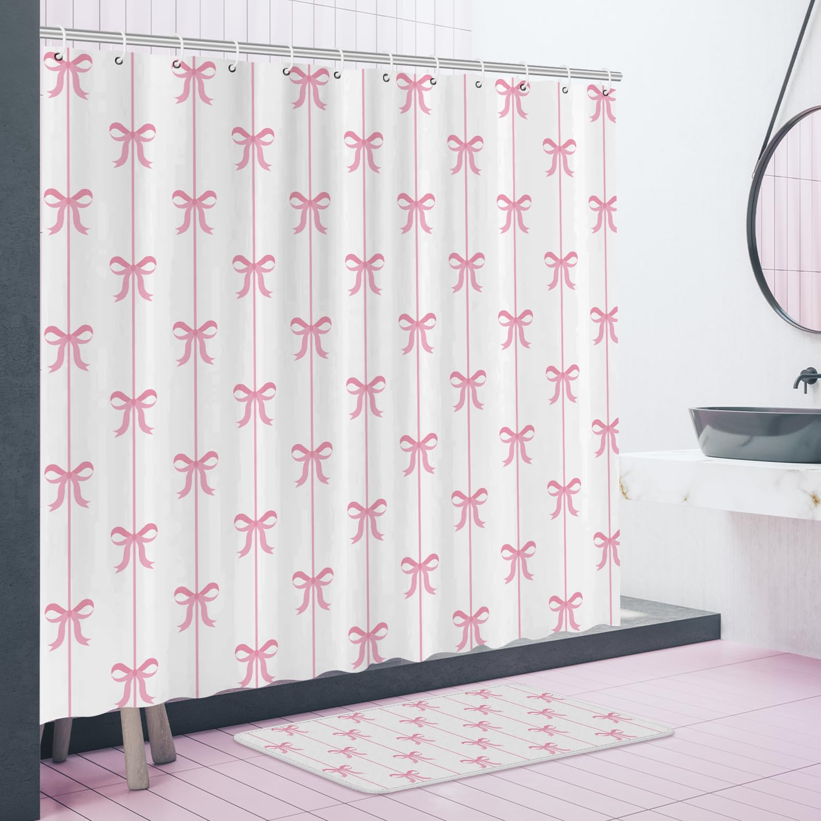 Maasechs 4 Pcs Bow Shower Curtain Set Cute Coquette Bathroom Decor Bow Knot Aesthetic Girly Shower Curtain Set with Non-Slip Rug Toilet Lid Cover Bath Mat and 12 Hooks(White Background,Pink)