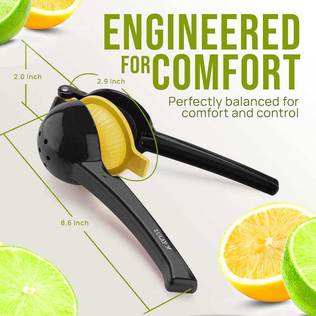 Zulay Kitchen Lemon Squeezer - Sturdy 2-in-1 Hand Juicer for Maximum Juice Extraction | Easy-Clean Black/Yellow