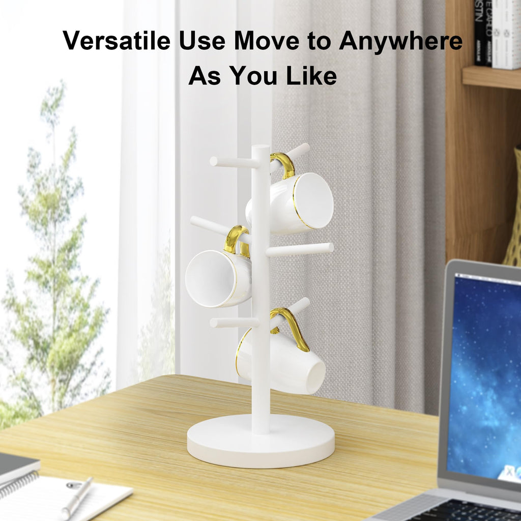 Wisuce White Coffee Mug Tree, Updated Thick Bamboo Mug Holder Base,Coffee Cup Stand Mug Holders with 6 Hooks for Countertop Organizer Stand