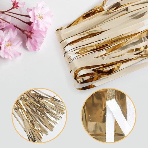 Champagne Gold Foil Curtain Backdrop - 20 Pack 3.2ft x 8.2ft Metallic Tinsel Streamers for Party Decor