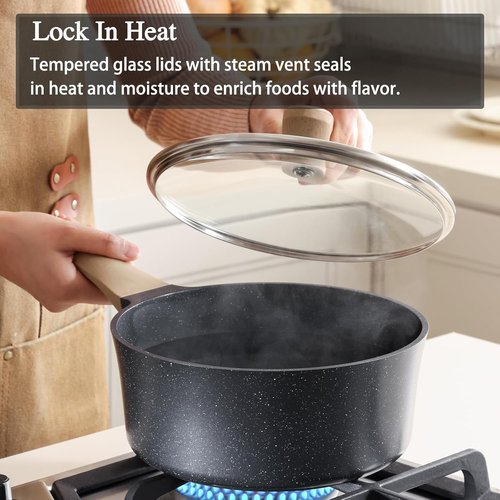 Greblon 2 Quart Nonstick Saucepan with Lid - Non Toxic Ceramic Cookware, Induction Compatible