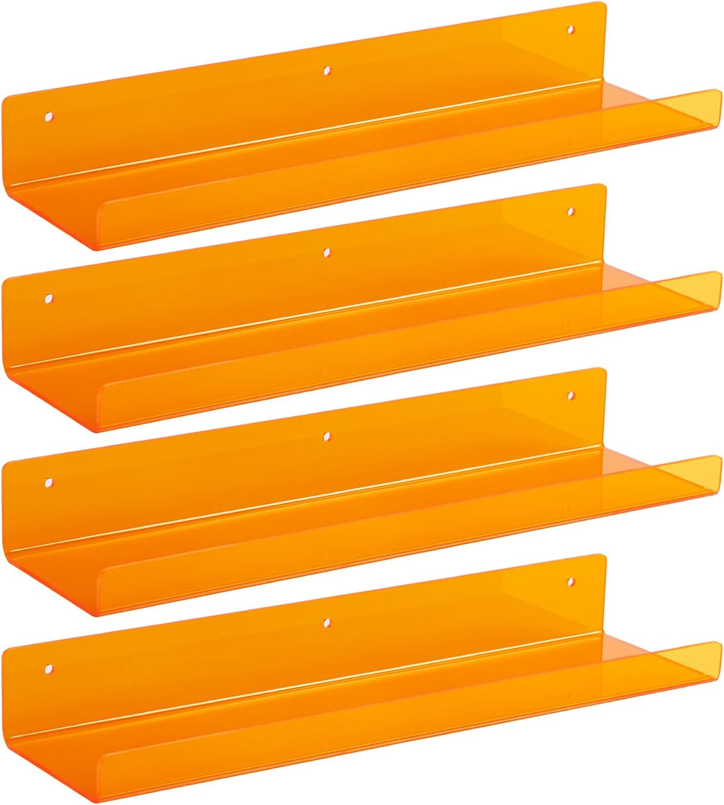 Upsimples Acrylic Wall Shelves - 15" Floating Display Shelf Set for Perfume & Books | Clear Orange, 4 Pack