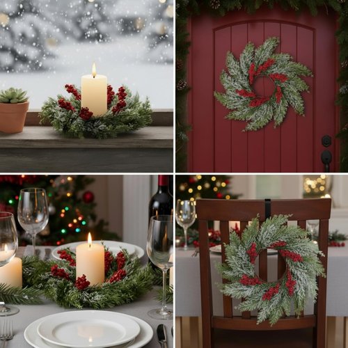 Cinnvoice Christmas Candle Rings - 8 Pcs Artificial Garland with Red Berries for Home Decor | Table Centerpiece