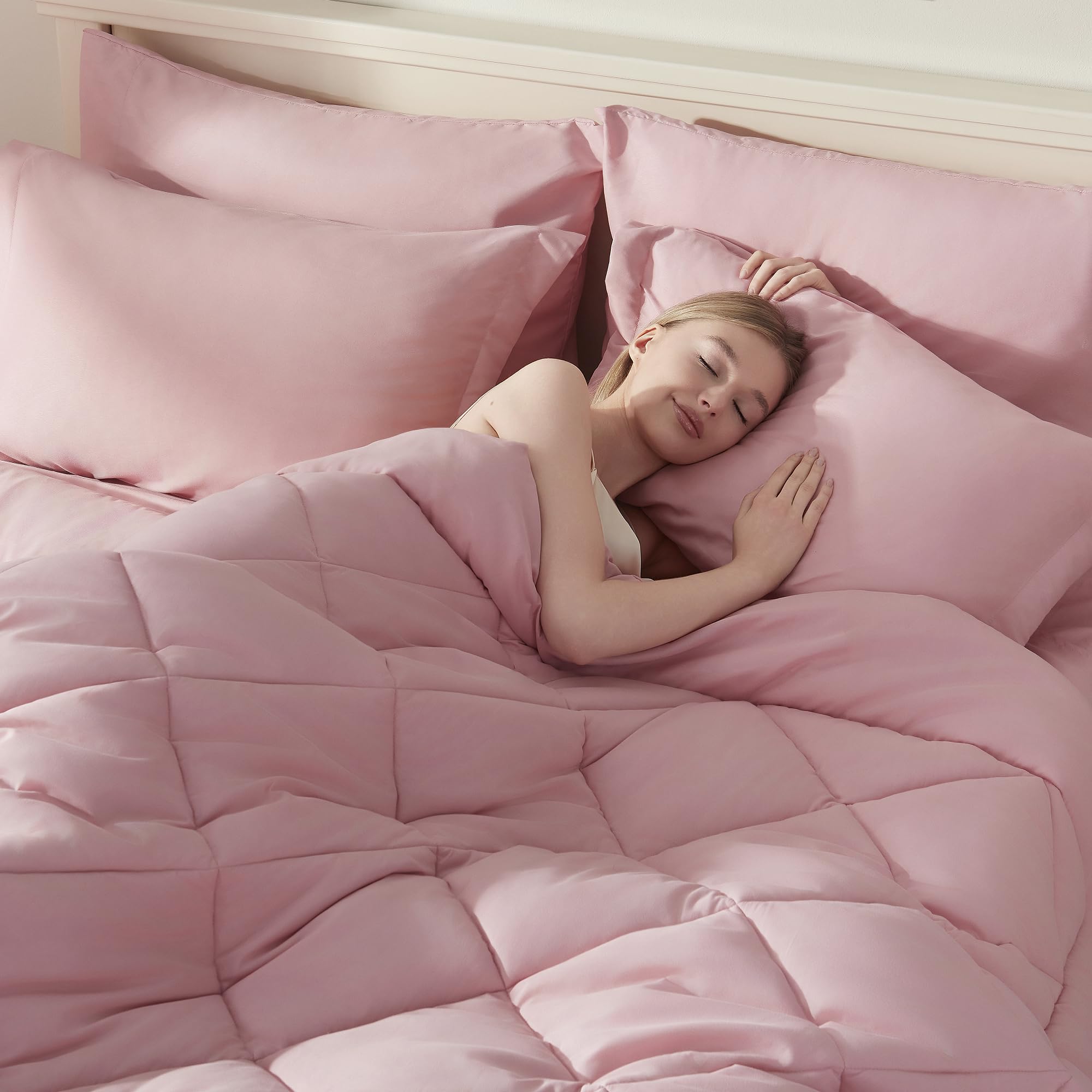 ELNIDO QUEEN® Queen Comforter Set - 7 Pieces Bed in a Bag Queen Size, Bed Set for All Seasons, Blush Pink Ultra Soft Bedding Sets with Comforter, Flat Sheet, Fitted Sheet, Pillowcases and Pillow Shams