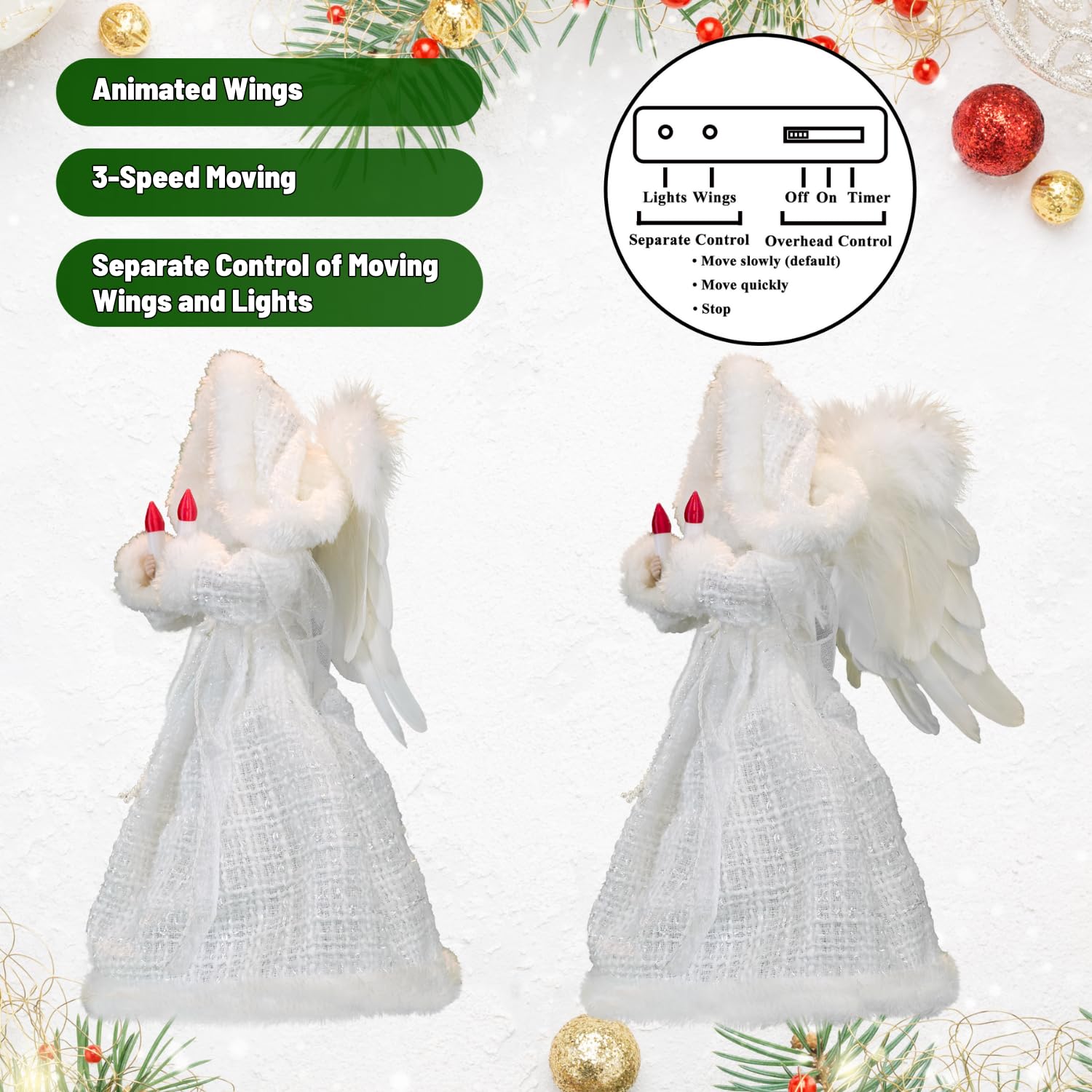 Cyraft Moving Angel Tree Topper with Lights, 12’’ White, Separately Controlled Flapping Wings and Bright LEDs, 6 On / 18 Off Hours Cycle
