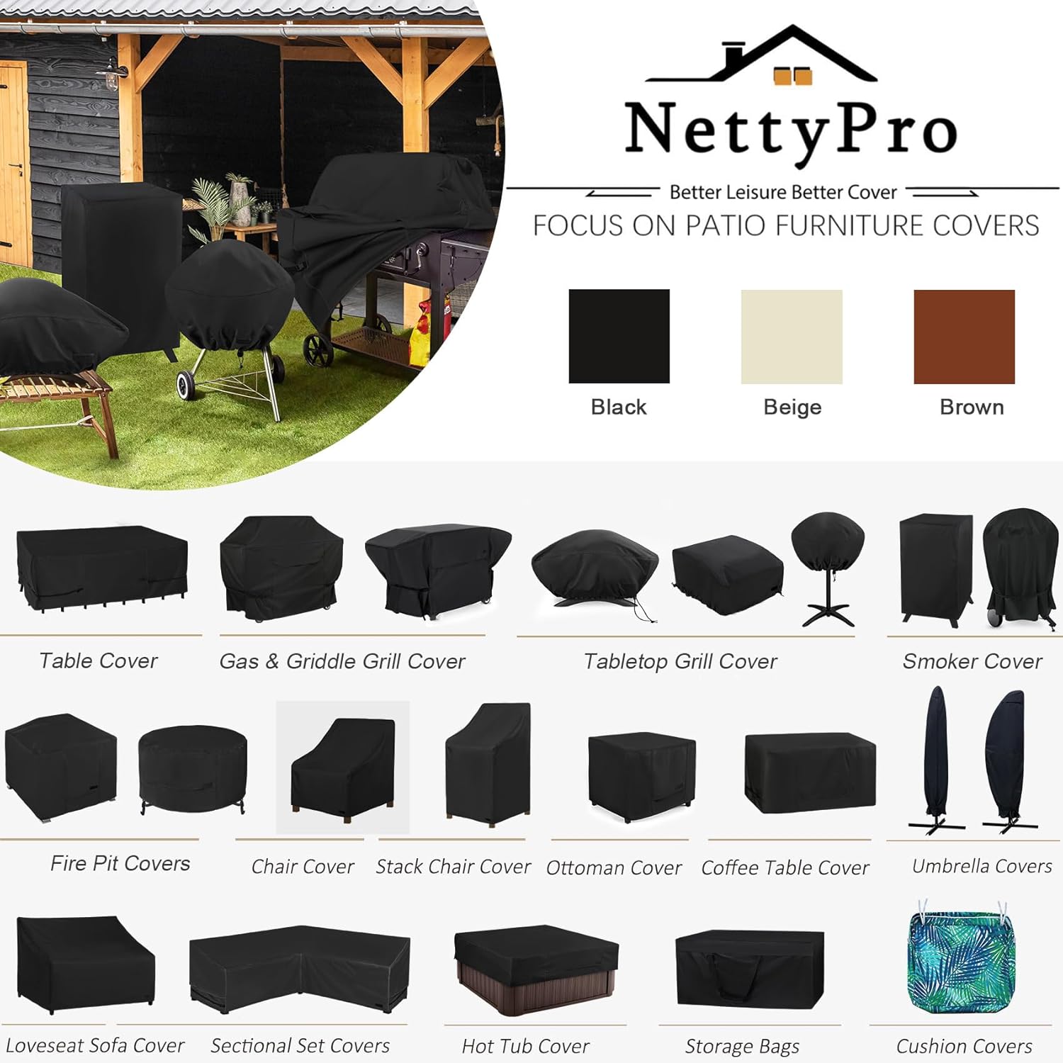 NettyPro Patio Table Cover - Waterproof 54 x 54 Inch Square Outdoor Furniture Protector | Black