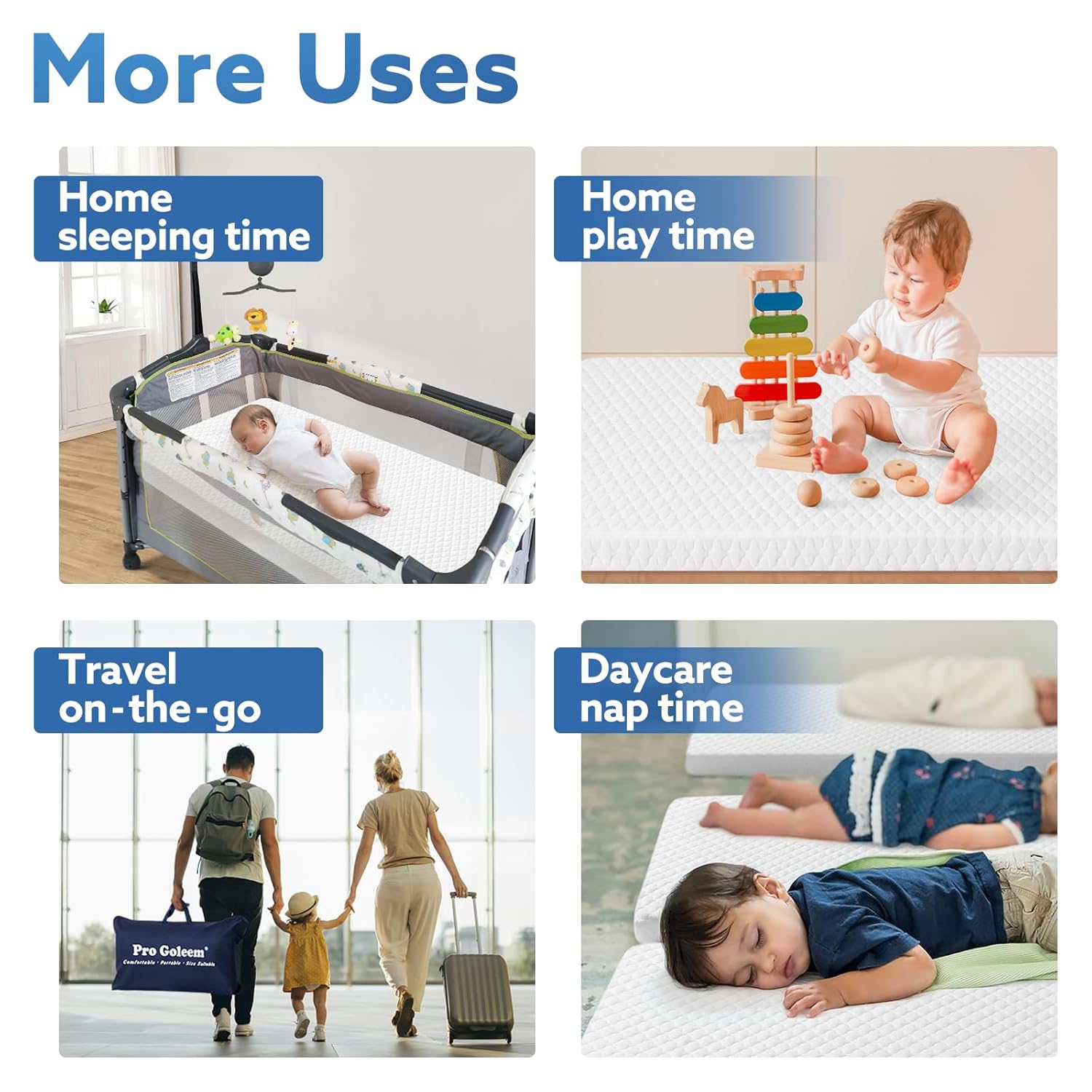 Pro Goleem Pack and Play Mattress - Waterproof Firm Playard Mattress Pad with Carry Bag | 38"x26" Size