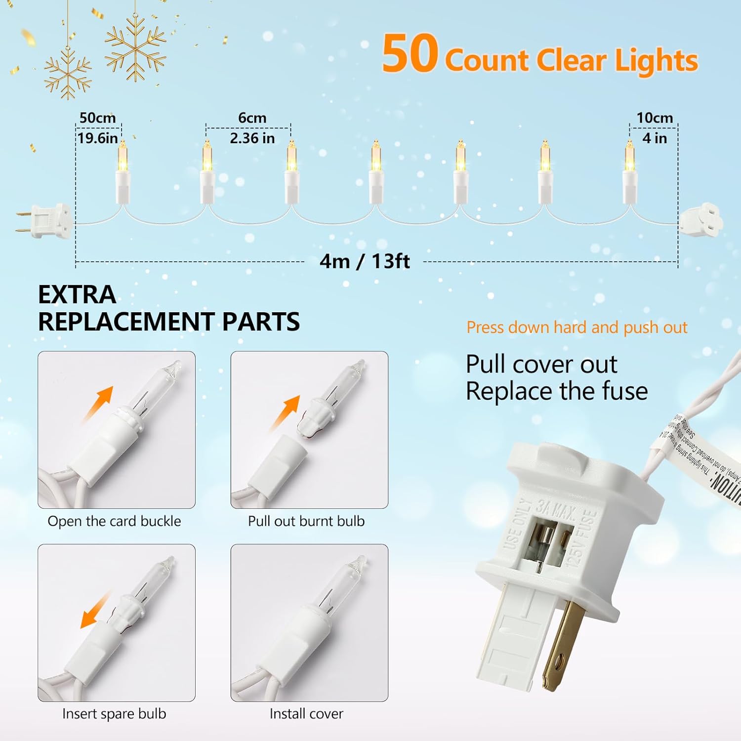 Skiennix Christmas Lights - 50 Count Clear White Mini String Lights | 13ft Warm White for Indoor/Outdoor Decor