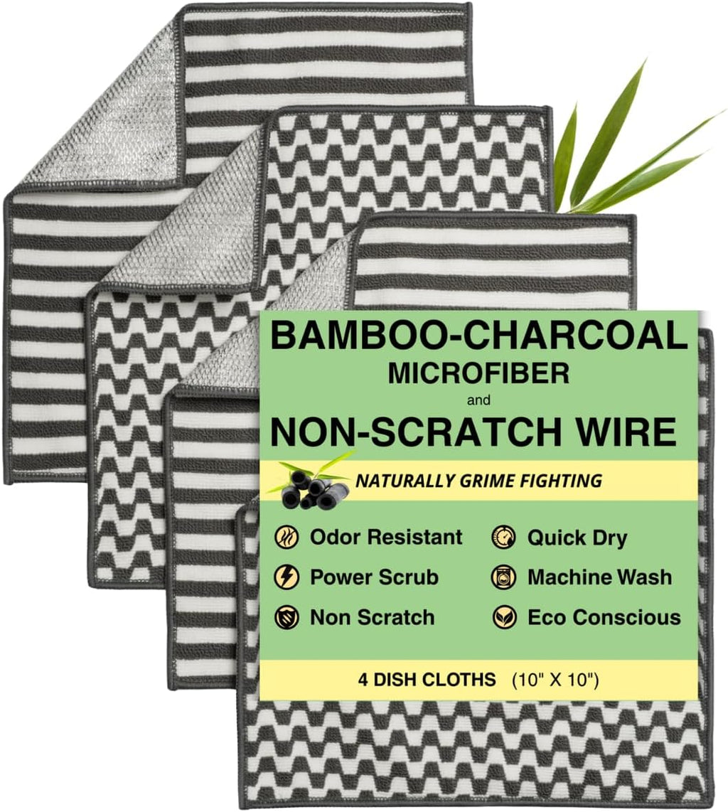 Severn Dish Cloths - Odor-Resistant 4-Pack Kitchen Cleaning Rags with Non-Scratch Scrubber | Bamboo-Charcoal Microfiber