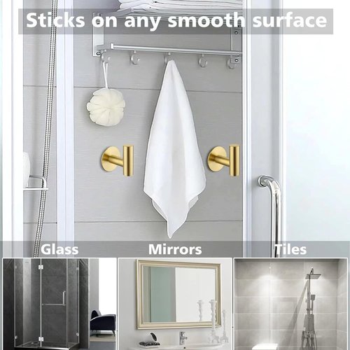 Bntuk Adhesive Hooks - Waterproof Stainless Steel Towel Holders for Bathroom & Kitchen | 2 Pack, Gold