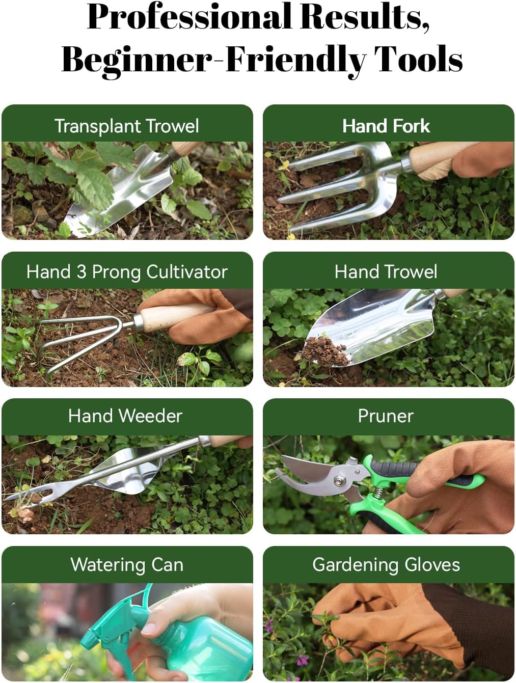VerdantVibes 9-Piece Gardening Tool Set - Heavy-Duty Tools with Ergonomic Grips & Rust-Resistant Design | Perfect Gift for Gardeners