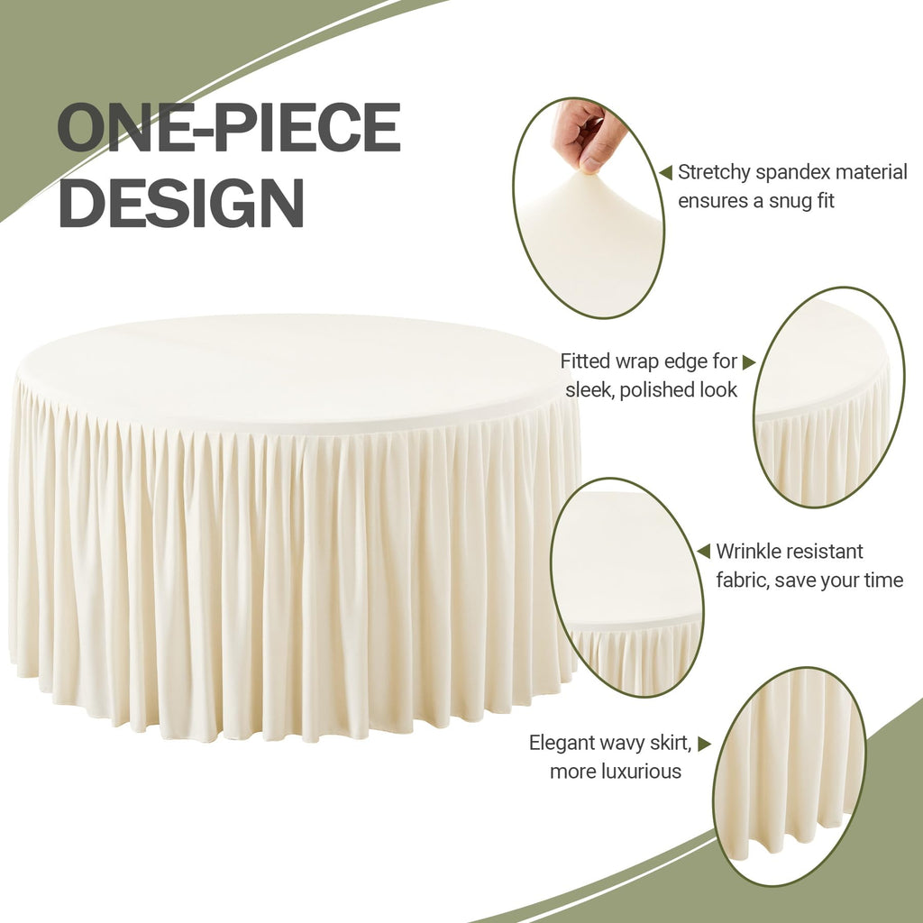 Wish Care 2 Packs 6FT Round Tablecloth 72Inch, Ivory Stretchy Fitted Table Cloths, Wrinkle Resistant Polyester Table Cover with Pleated Ruffle Skirt for Party, Wedding and Banquet Decoration