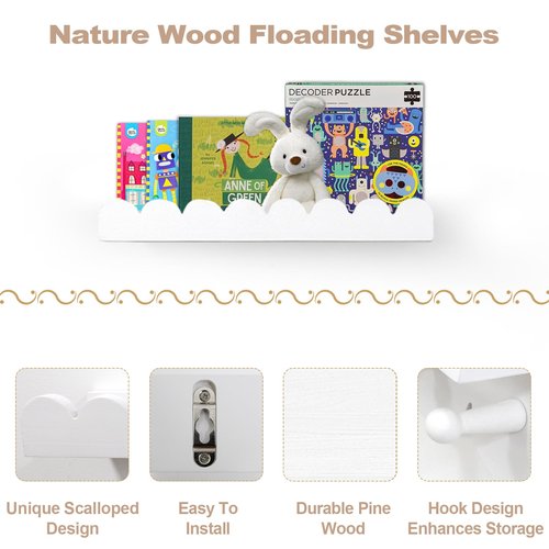 Iswabard Floating Nursery Book Shelves with Hooks-Scalloped Wall Book Shelves for Bedroom Kids Set of 3, Nursery Furniture Must Have, 16 Inch, White