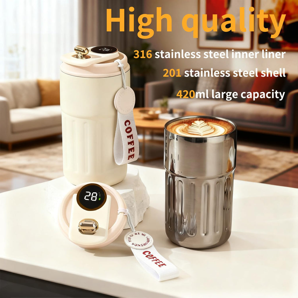 travel mugs for coffee,14 oz Stainless Steel Coffee Mug,Vacuum Insulated Tumbler with temperature display,Coffee Thermos Outdoor,Camping Mug with Leak-Proof Lid,Portable Cups for Keep Hot/Ice