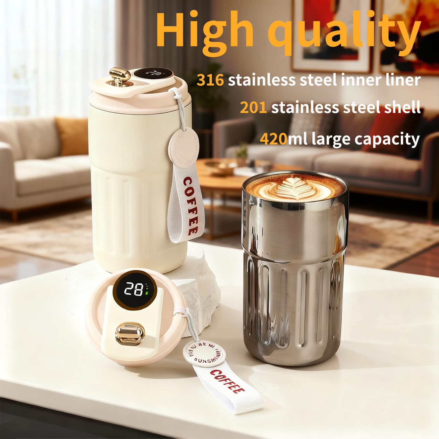 travel mugs for coffee,14 oz Stainless Steel Coffee Mug,Vacuum Insulated Tumbler with temperature display,Coffee Thermos Outdoor,Camping Mug with Leak-Proof Lid,Portable Cups for Keep Hot/Ice