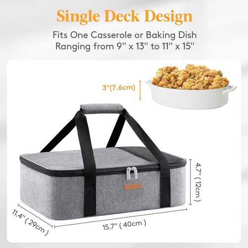 LUNCIA Insulated Casserole Carrier - Keeps Food Hot or Cold | Thermal Lunch Bag for Potlucks, Grey, Fits 9" x 13" Dish
