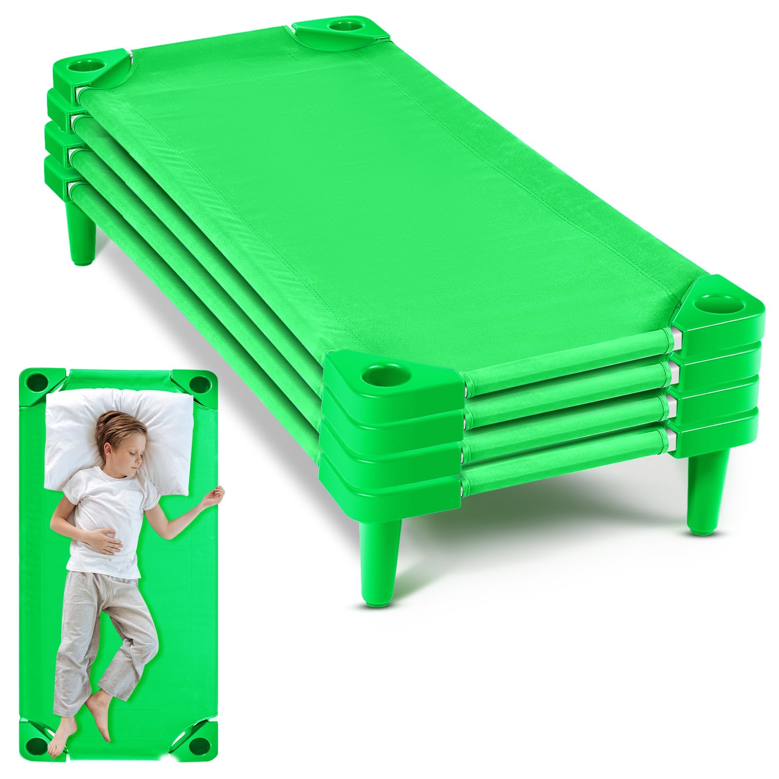 Burbell 4 Pcs Stackable Daycare Cots for Toddler 54" l x 23" W Kids Cots for Sleeping Portable Kids Bed Furniture Bed Frames Headboards Footboards for Classroom Preschool (Green)