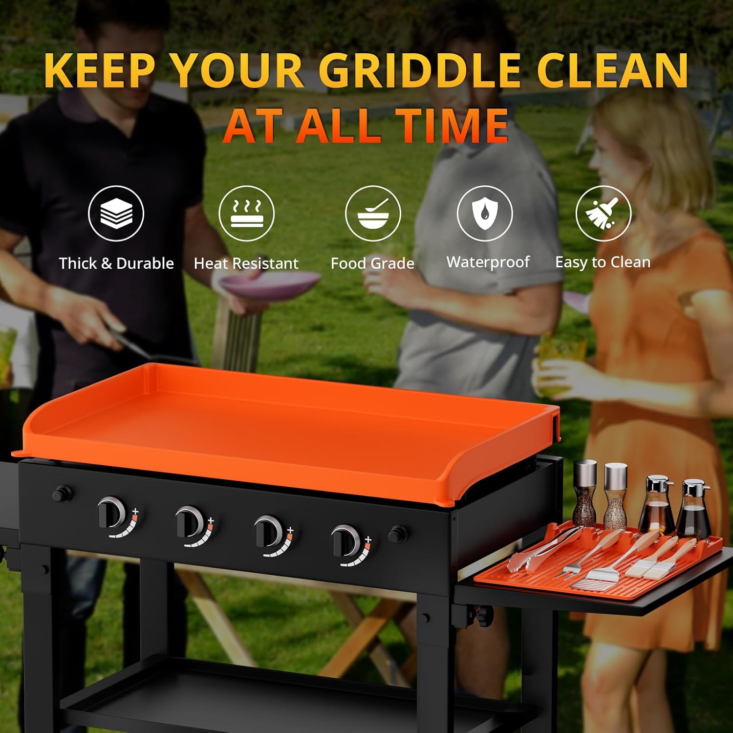 Blackstone Silicone Griddle Cover - 36" Premium Food-Grade BBQ Mat with 16" Spatula & Drip Pad