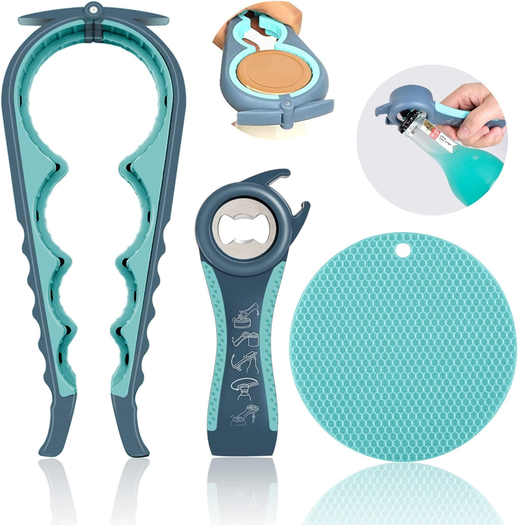 Skiennix Jar Opener - 5-in-1 Multi-Function Lid Tool for Weak Hands & Arthritis | Non-Slip Grip Pad (Blue)