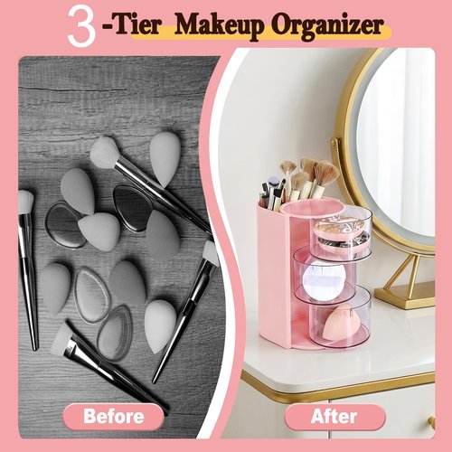 Hair Accessories Organizer with Hair Brush Holder,3-Layer Rotatable Makeup Organizer Box Jewelry Storage Box for Necklaces, Earring, Bracelet, Ring, Makeup Brushes, Hair Clip, Desktop Organizer Case