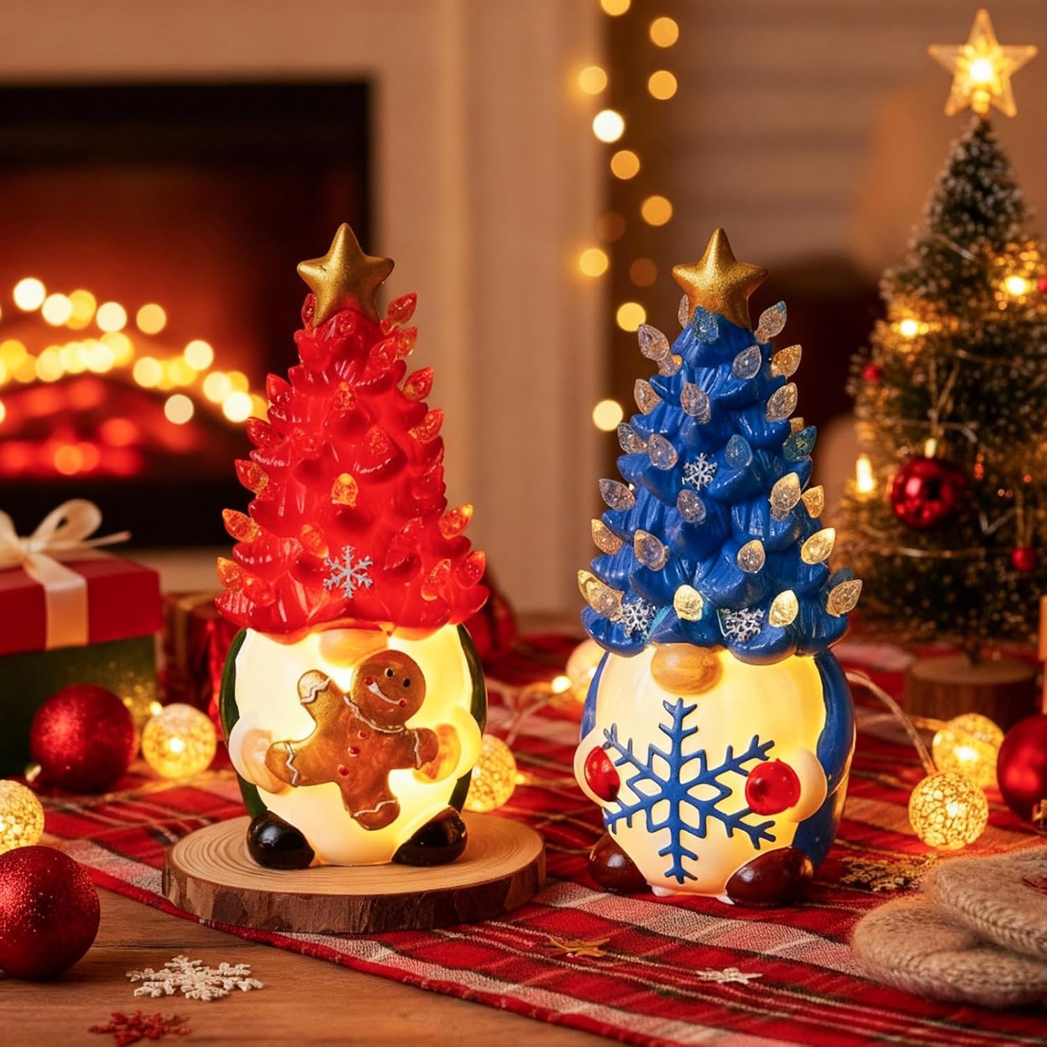 Riakrum Gnome Christmas Tree Decor - Lighted Gingerbread & Snowflakes | 6.5” Resin Indoor Centerpieces