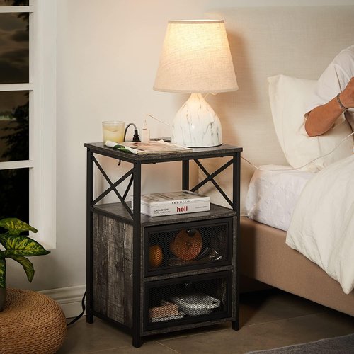 VECELO Oak Gray End Table with USB Ports and Outlets,24 Inch Nightstands with Charging Station and Storage Shelf for Bedroom,Living Room, 2 Set