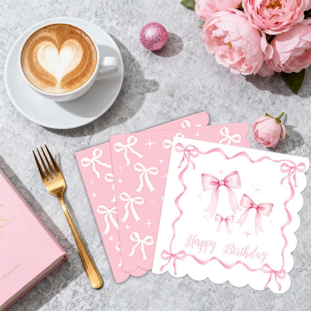 Pink Bow Birthday Decorations - Complete Party Set with Plates, Napkins, Cups & Balloons | Serves 20
