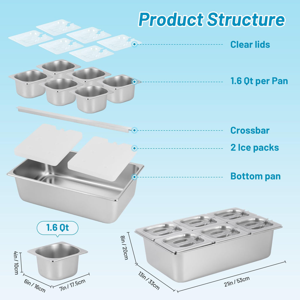 YMJOINMX Cold Ice Food Serving Display tray 6 Pan ×2QT with Ice Packs Clear Lids for Salad Pizza Sauce Cooled Condiment Container Buffet Server Cooler for Party Home