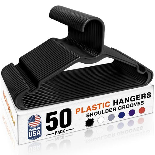 HOUSE DAY Black Plastic Hangers 50 Pack - Made in USA - Lightweight & Slim Space Saving Clothes Hanger with Shoulder Grooves for Dresses, Lingerie, Shirts, Pants, Durable Closet Organizers and Storage