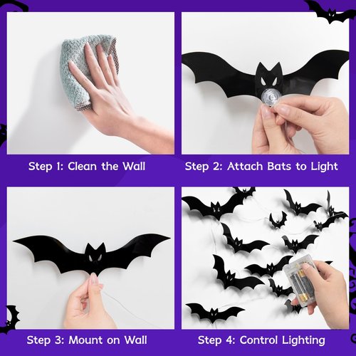 Kelumi Halloween Bats Fairy Lights Wall Decor, 20 Packs Lighted Bats Stickers with Timer Halloween Party Wall Window Indoor Home Decorations