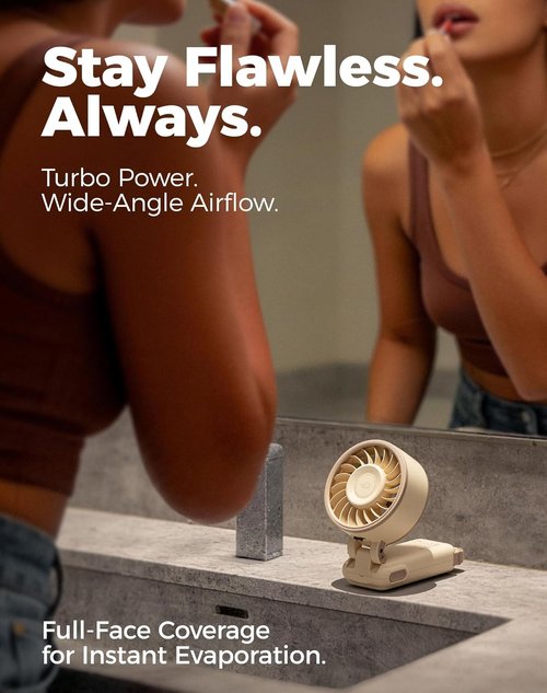 Diveblues Portable Handheld Fan - 7.4m/s Turbo Speed | 180° Foldable 4-in-1 Design, USB-C Rechargeable for Travel & Makeup