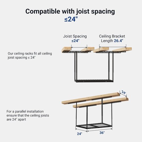 FLEXIMOUNTS 2x3 Overhead Garage Storage Rack - Heavy-Duty Metal, Adjustable, 155lbs Capacity, Black