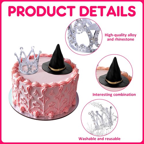 Burbell 2 Pack Witch Hat and Crown Cake Topper, Mini Wizard Hats Crown Cupcake Decorations for Birthday Party Supplies(Classic Style)