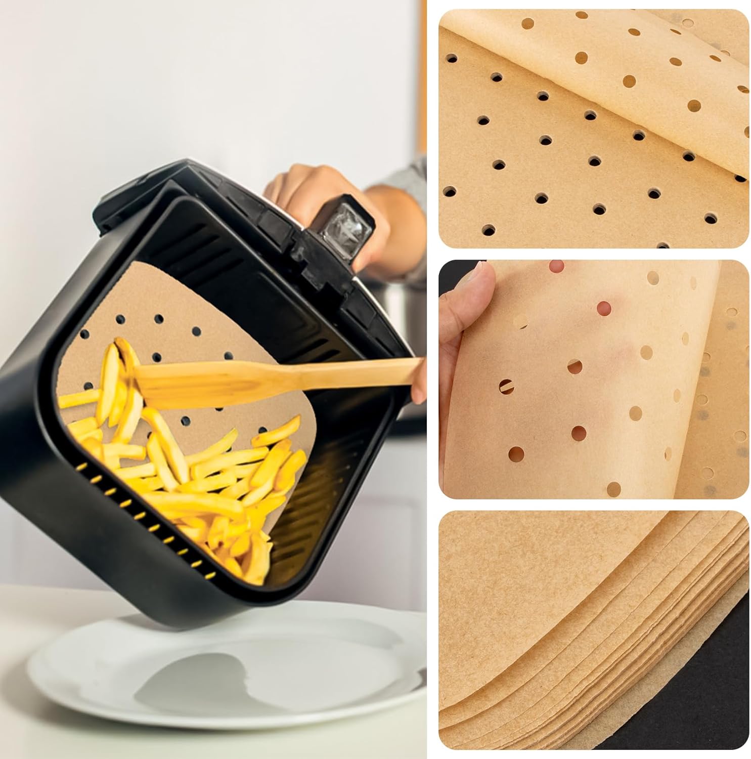 Skiennix Air Fryer Parchment Paper Liners - 100 PCS Disposable Perforated Sheets, 8.5" & 7" Sizes