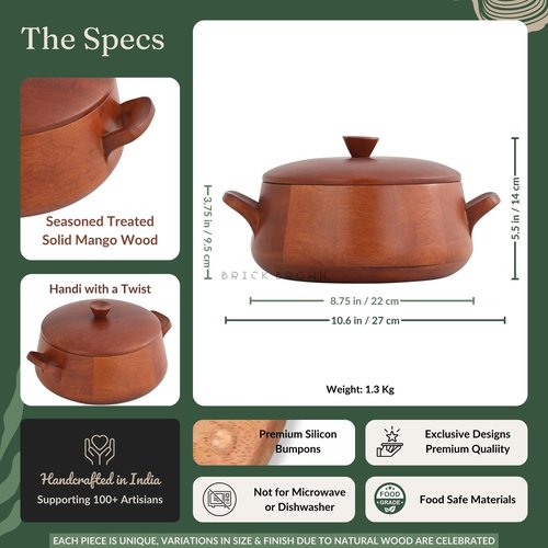 Brick Brown ® Handcrafted Wooden Handi Roti Box Mahogany Finish | Chapati Box for Kitchen | Hot Pot Casserole for Roti Server Tableware Serving | Case Roti Dabba with Lid (10.7 × 8.8 × 5.6 In)