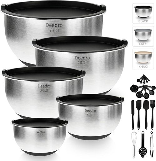 Deedro Premium Mixing Bowls Set - 22 Pcs Thicker Stainless Steel with Airtight Lids | Non-Slip Silicone Base, Black