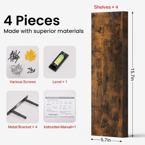 BAYKA Floating Shelves - Rustic Wood Wall-Mounted Storage | 15.7in, Set of 4, 22lbs Capacity (Brown)